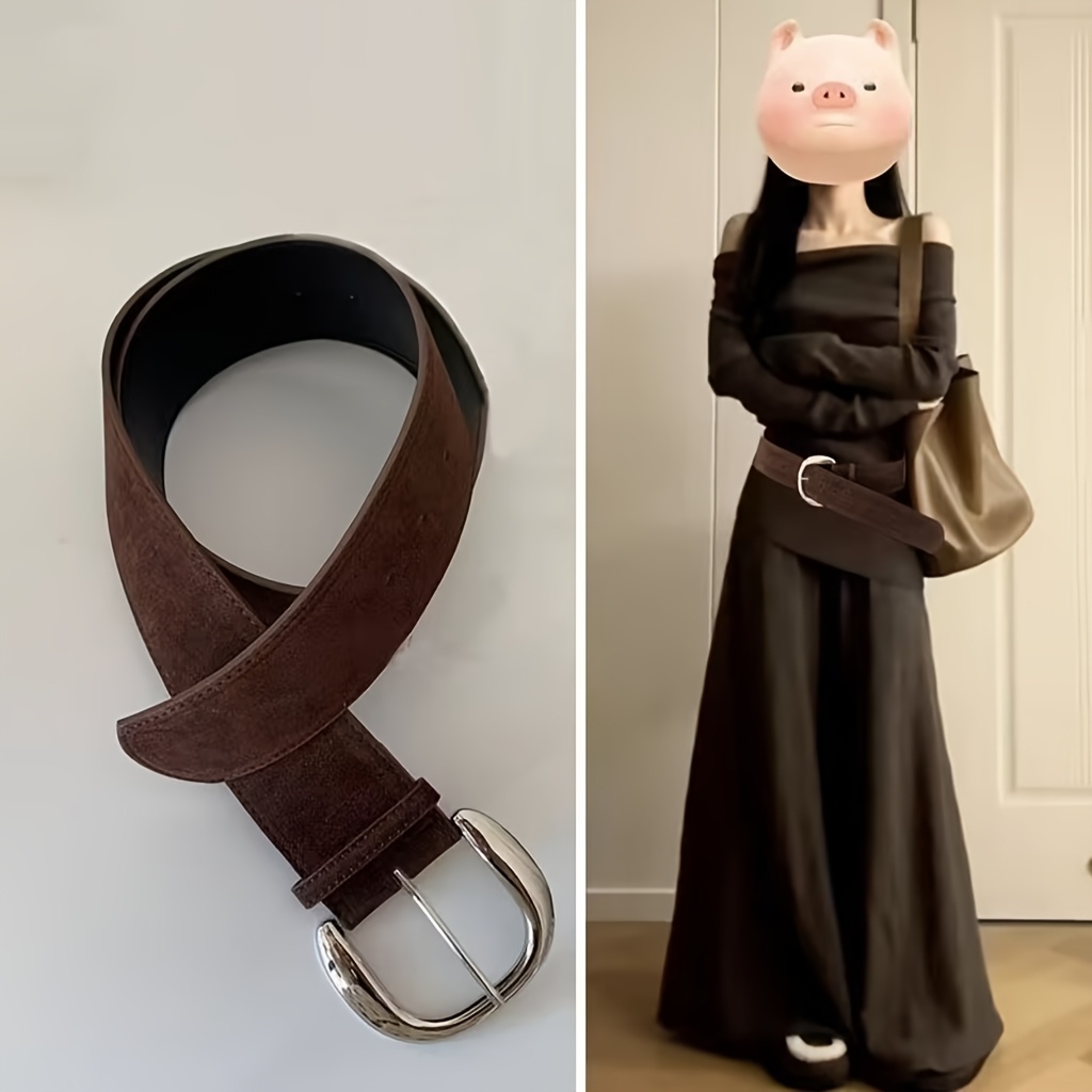 Women's Western Waist Belt Beige Velvet PU Leather Chain Retro Large Button